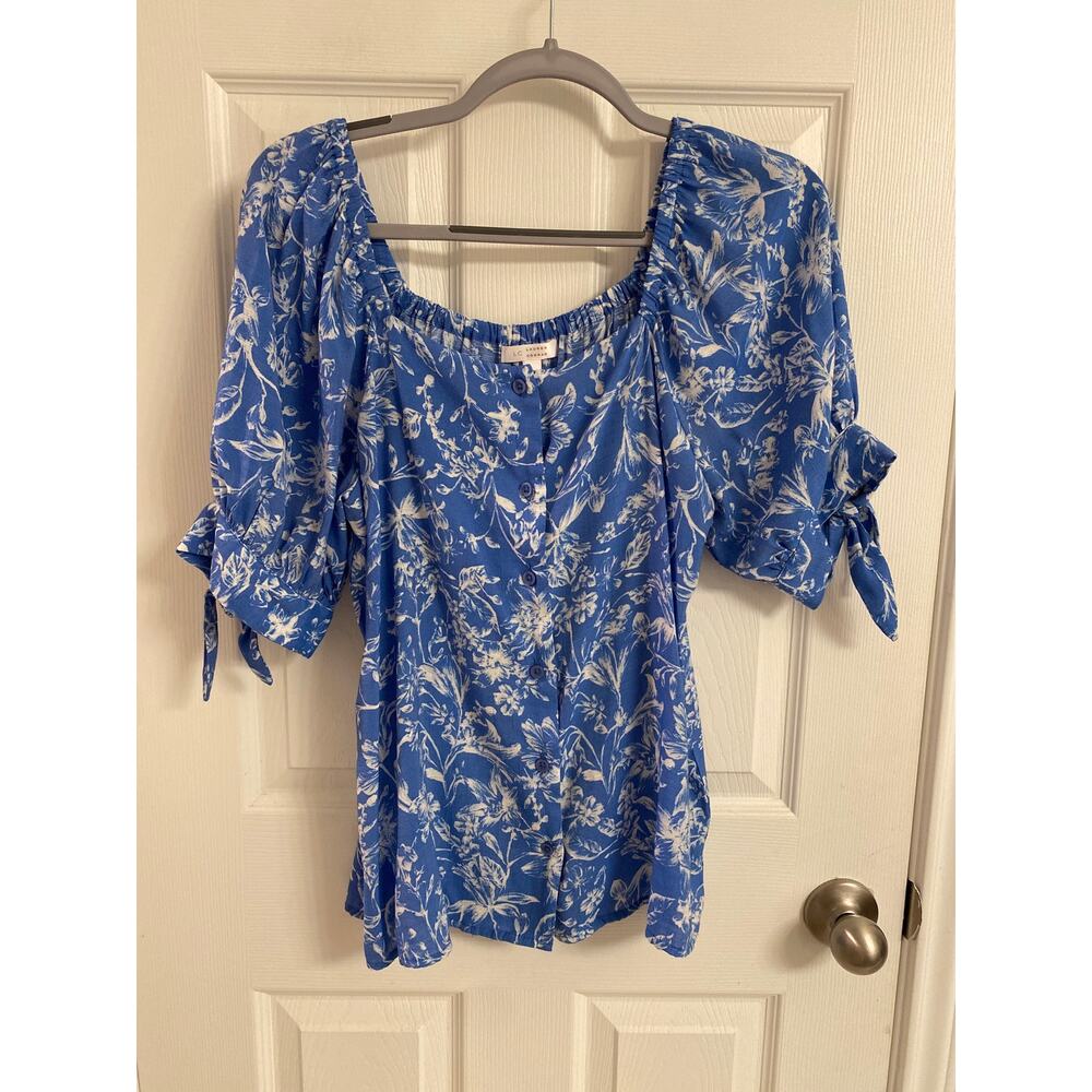Cottagecore Lauren Conrad Blue Floral Square Neck Button Down Blouse  Medium